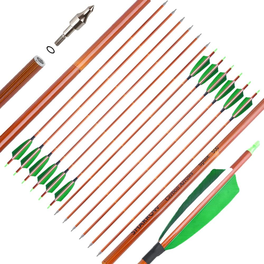 SHARROW 32" Flèche de Carbone Spine 500 Flèche Carbone Flèche Arc Flèches de Chasse avec 4" Plumes Naturelles Flèche pour Cible Tir à l'arc ​Arc Classique Arc A Poulies Longbow