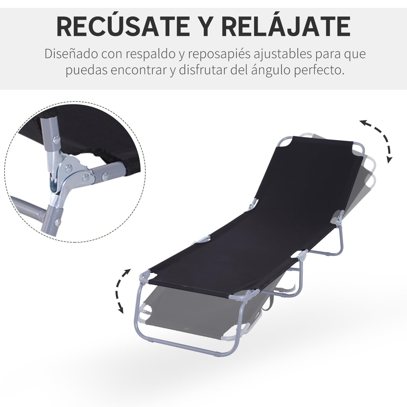 Outsunny Tumbona Plegable Tumbona Jardín Exterior con Respaldo Ajustable en 5 Posiciones y Estructura Metálica Carga 120 kg para Terraza Piscina Playa 187x55x24 cm Negro