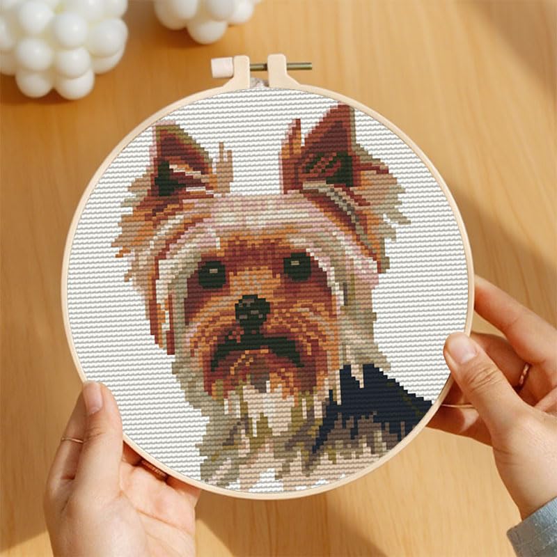 Image of Yorkshire Terrier Stamped Cross Stitch Kits for Beginners Easy with Hoop 11CT Needlepoint Embroidery DIY Counted Cross Stitch Kits Art Craft Wall Decor 35x35cm(1)
