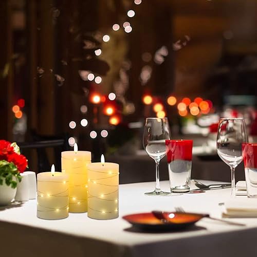 Miniatura 4 de DRomance Juego de 3 velas parpadeantes sin llama con temporizador remoto, funciona con pilas, velas LED de cera real, mecha 3D, luz amarilla,