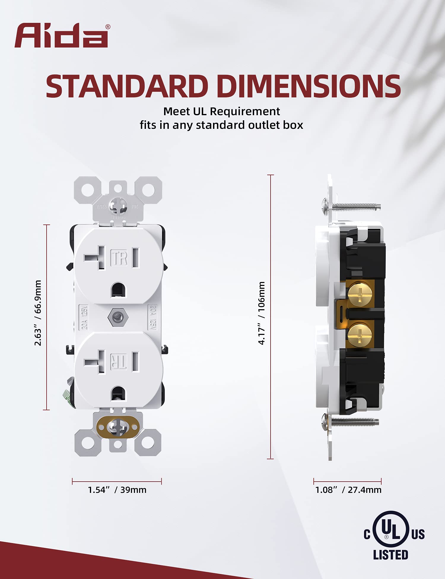 AIDA Electrical Duplex Receptacle Outlet, Commercial, 20Amp 125V, TR  Outlets, 3-Wire, Self-Grounding, UL Listed, White ( 10 Pack ) - - Amazon.com