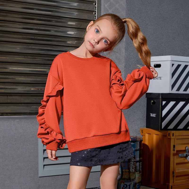 Mirawise Girls Pullover Crewneck Sweatshirt with Ruffle Trim Long Sleeve Cute Oversize Hoodie Solid Tops Sweaters for 4-13Y - Image 3