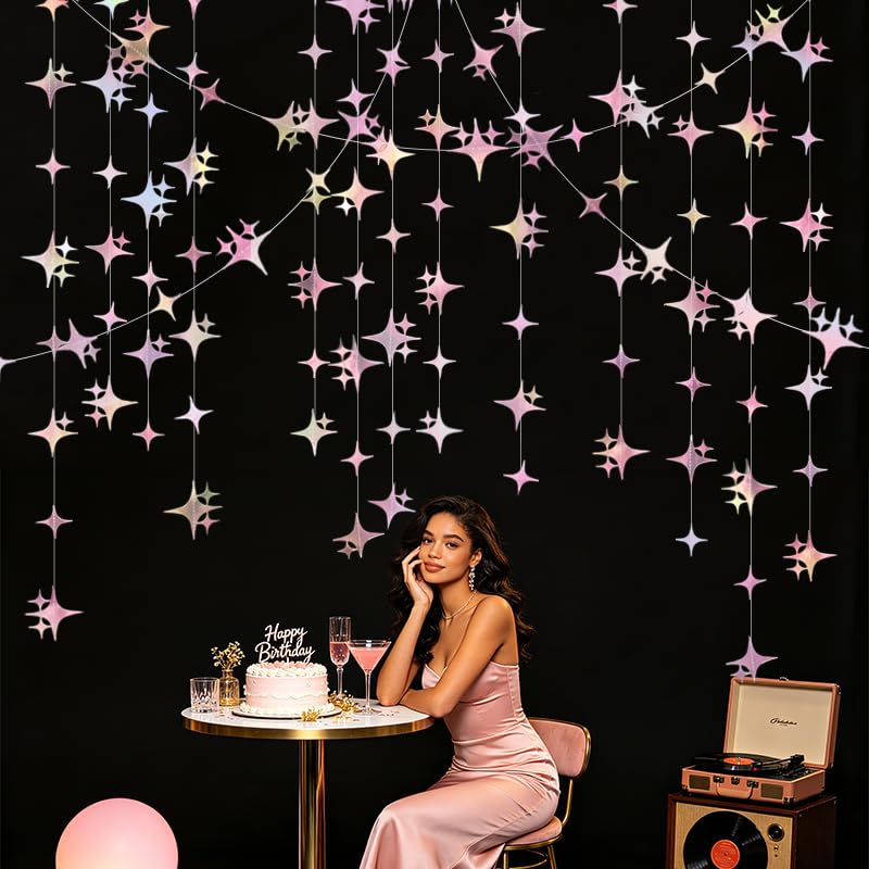 Image of Glitter Iridescent Pink Four-Angle Star Paper Garland Banner 40 Feet Iridescent Pink Twinkle Star Hanging Bunting Banner Backdrop for Wedding Baby Shower Birthday Graduation Disco Party Decorations