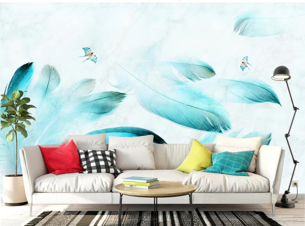 Papel Pintado 3D Vintage Patrón Chino Rayas Paisaje Tropical Simple Estética Acuarela Azul Pluma Juvenil Infantil Madera Azul Ladrillo Dormitorio Fotografico