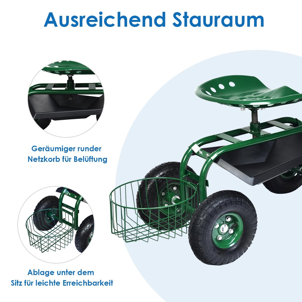 COSTWAY Rollsitz mit Rollen, Gartenwagen mit ausziehbarem Griff & Korb, höhenverstellbar | 360° drehbar | bis 150kg, fahrbarer Gartensitz, Gartenrollsitz für Gartenarbeit, Grün (96,5x48,5x45,5-54,5cm)