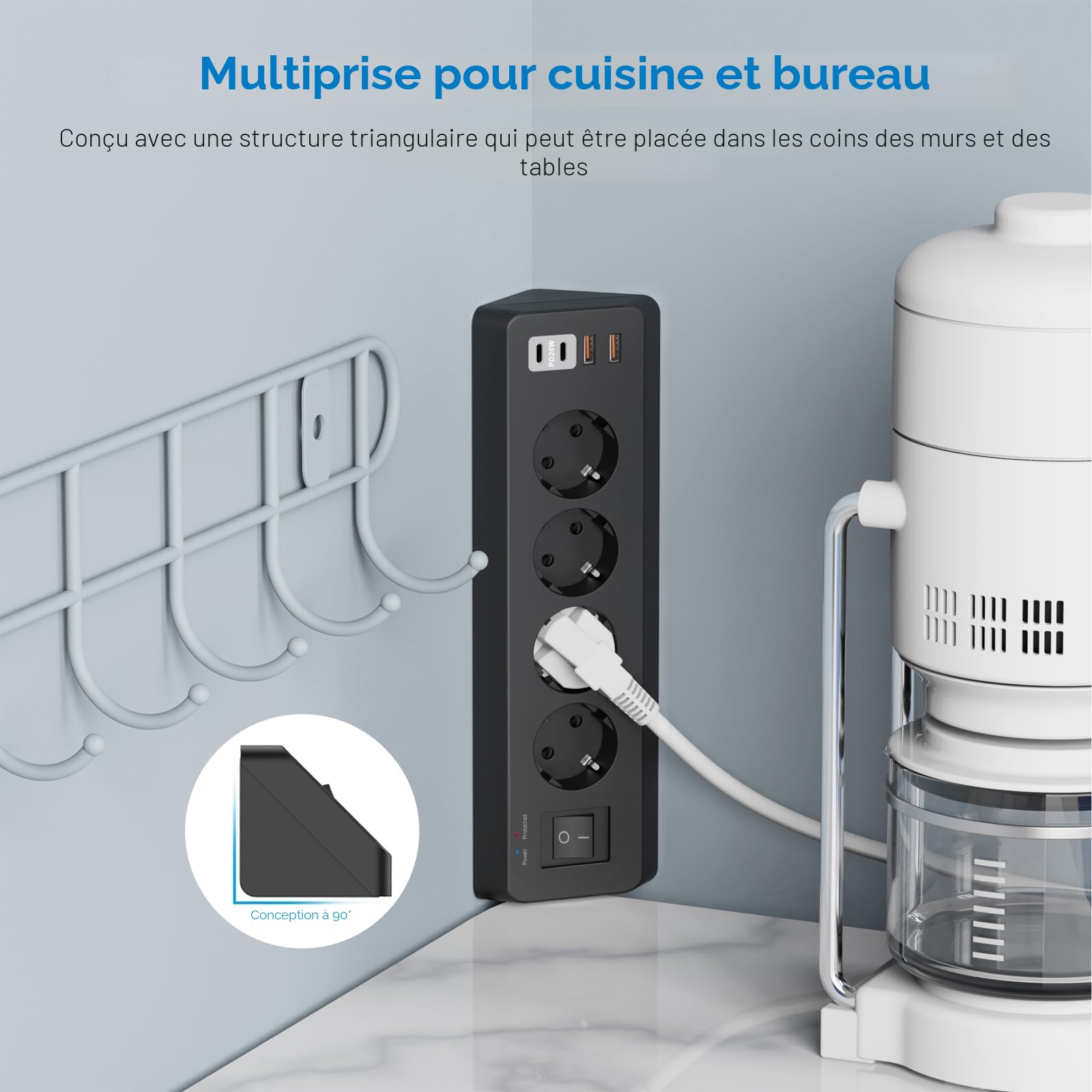 Prise d'angle 4 Compartiments avec USB C(PD 20W), SUDEERY multiprise 8 en 1 4 Prises USB Multiples avec Interrupteur, multiprise avec Protection Contre Les surtensions avec câble 2M pour la Cuisine