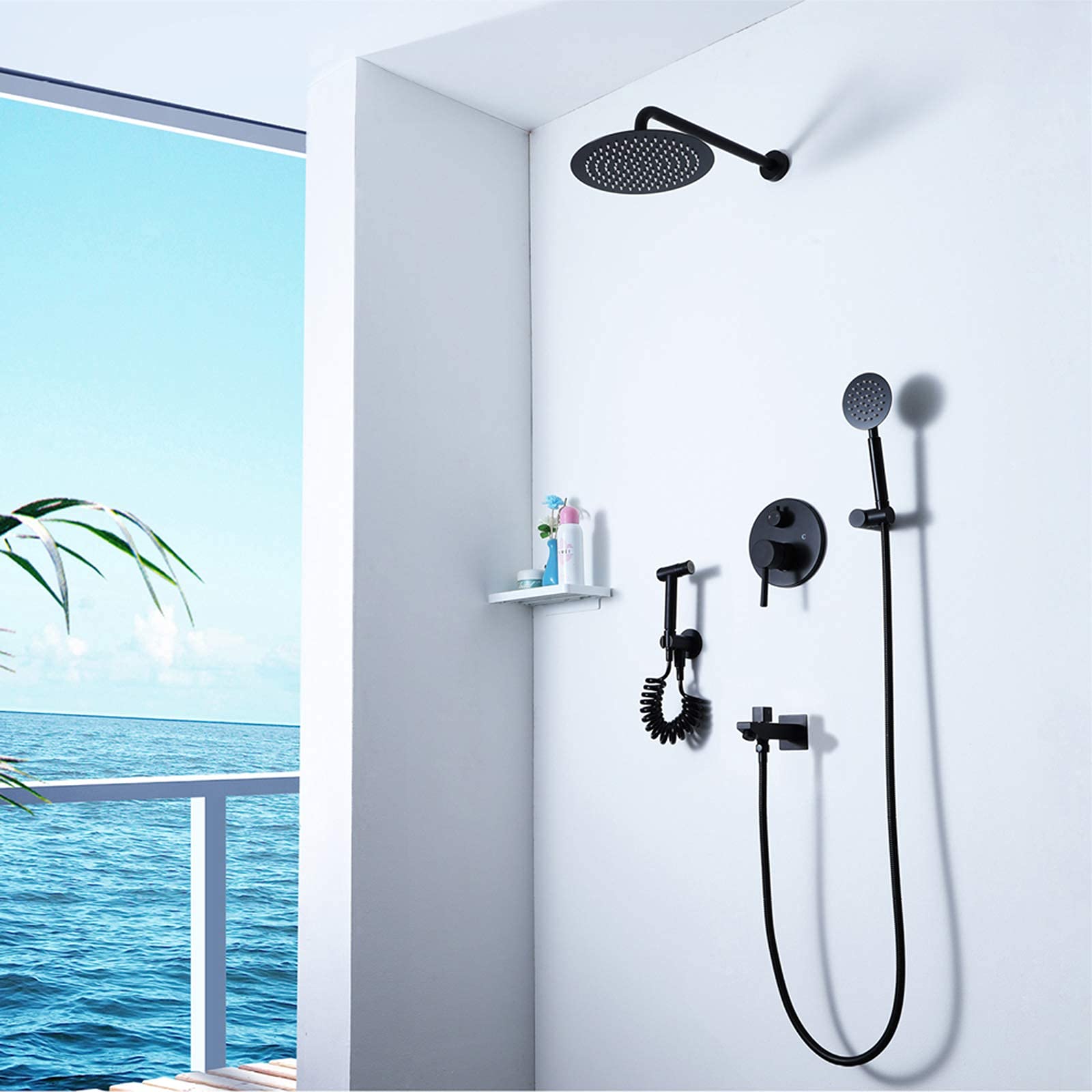 Set Doccia con Miscelatore a Pioggia Nero, Rubinetto da Bagno a Parete con Testa Rotonda da 10 Pollici, doccetta, beccuccio per Vasca, spruzzatore Bid