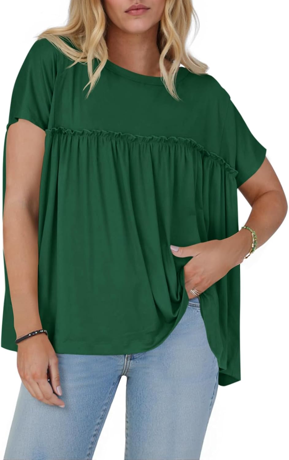 Cicy Bell Women T Shirts Summer Babydoll Tops Pleated Short Sleeve Crew Neck Peplum Blouse Casual Loose Fit Dark Green - Image 4