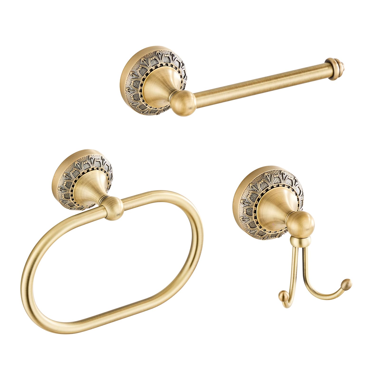 3er-Set Badezimmer Accessoires mit Antik-Gravur - Toilettenpapierhalter, Handtuchring & Doppelhaken - Langlebiges kratzfestes Metall Bad-Set für Bad & Gäste-WC - Klassisches Vintage Design