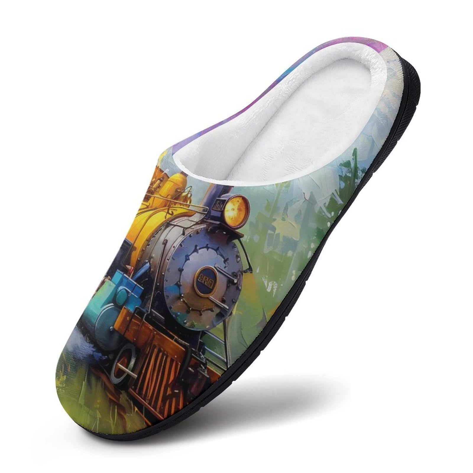 Smoke Steam Train Painting Men's Cotton House Slippers Warm Memory Foam Home Slip Shoes On for Indoor and Outdoor