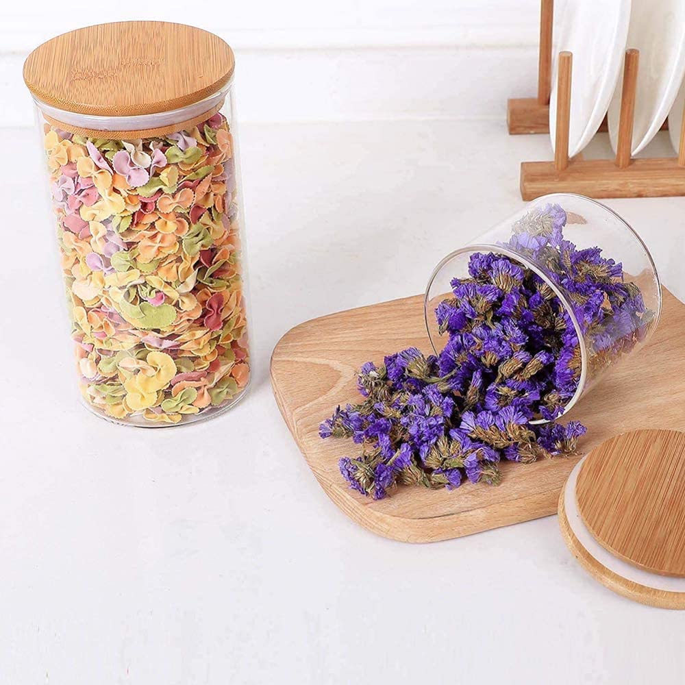 Lot de 4 distributeurs de céréales en verre avec couvercle en bambou et anneau d'étanchéité en silicone pour noix, pâtes, spaghetti, thé, café, collation