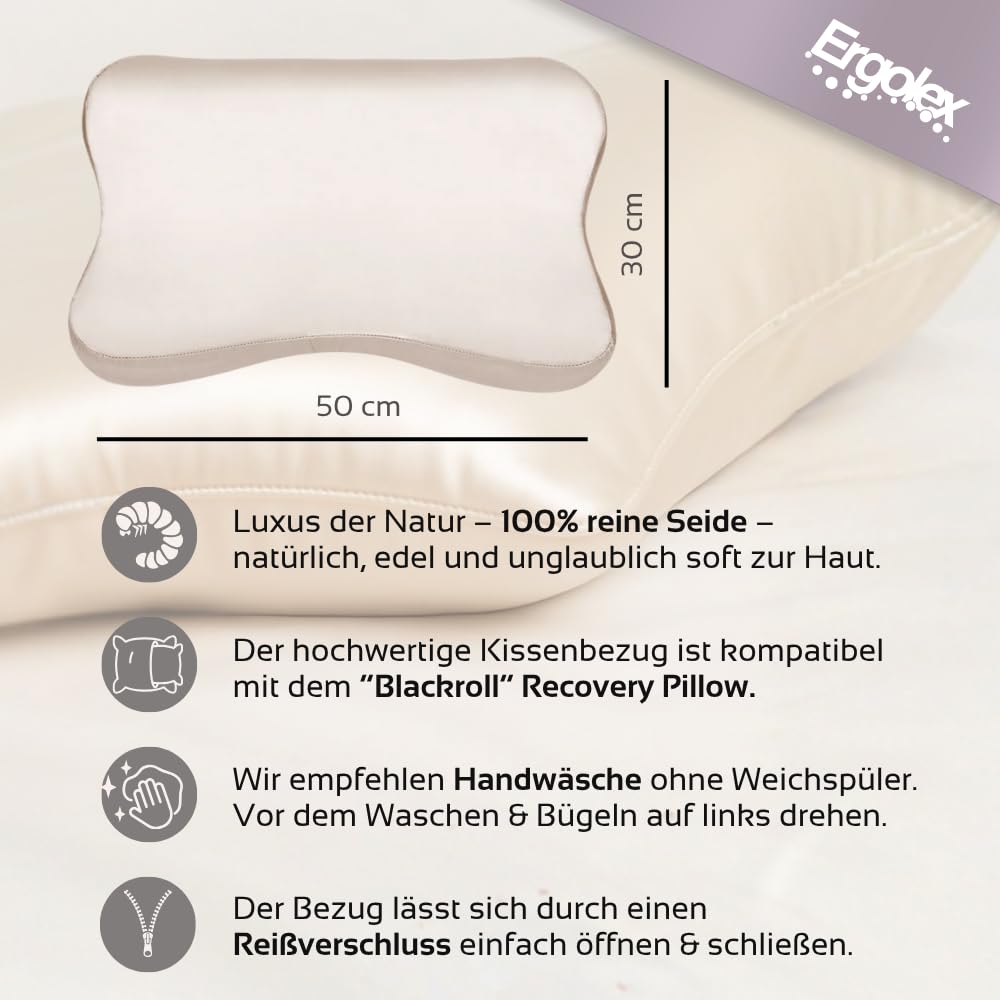 Premium Seidenkissenbezug 30x50 cm, Creme | Nackenkissen Bezug, Für ergonomische Kissen, Passend für Blackroll Recovery Pillow, Sanfte Hautpflege