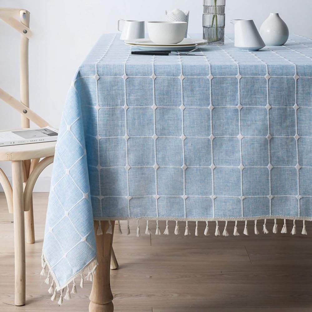 Nappe à carreaux jacquard bleu ciel en coton-lin 140x300 cm pour grande table
