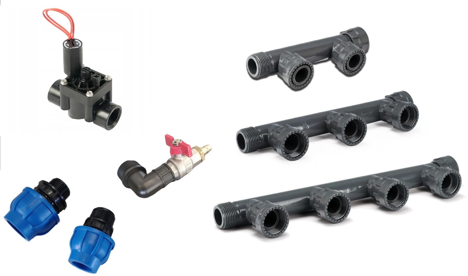 Rain Verteiler 2-fach 3-fach 4-fach 5-fach 6-fach Ventilverteiler 1" SET mit Hunter Magnetventil PGV 101GB IG Kupplungen DN25 DN32 und Druckluftanschluss (DN25, Verteiler 3-fach)