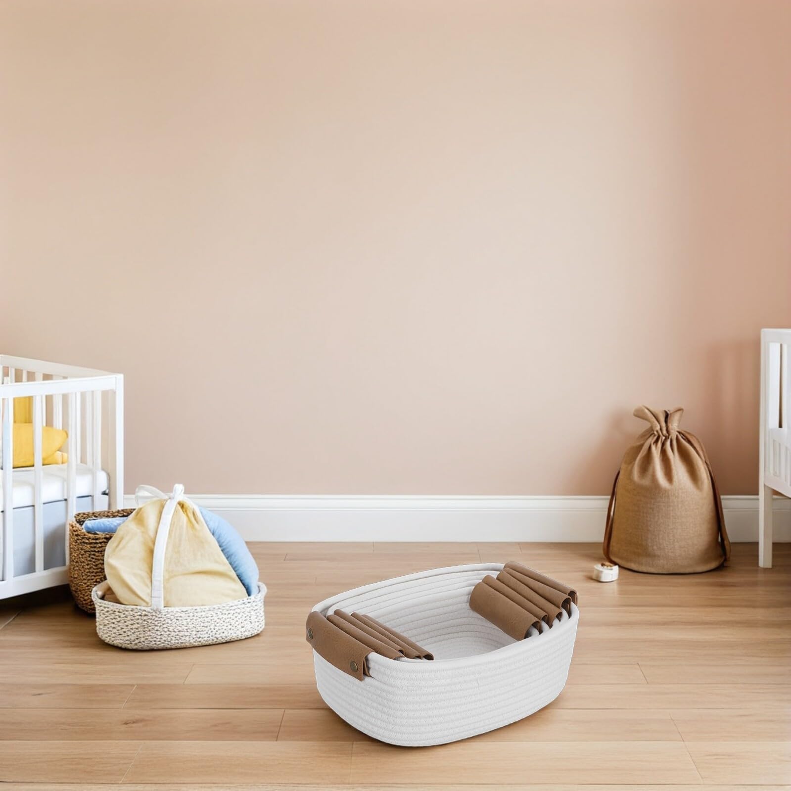 CHILDWEET 5 Szt. Małych Koszyków Do Przechowywania z Bawełnianym Sznurkiem i Uchwytami PU Przenośne Kosze Do Organizacji Półki Domu Łazience i Pokoju Dziecięcym Dekoracyjne Kosze