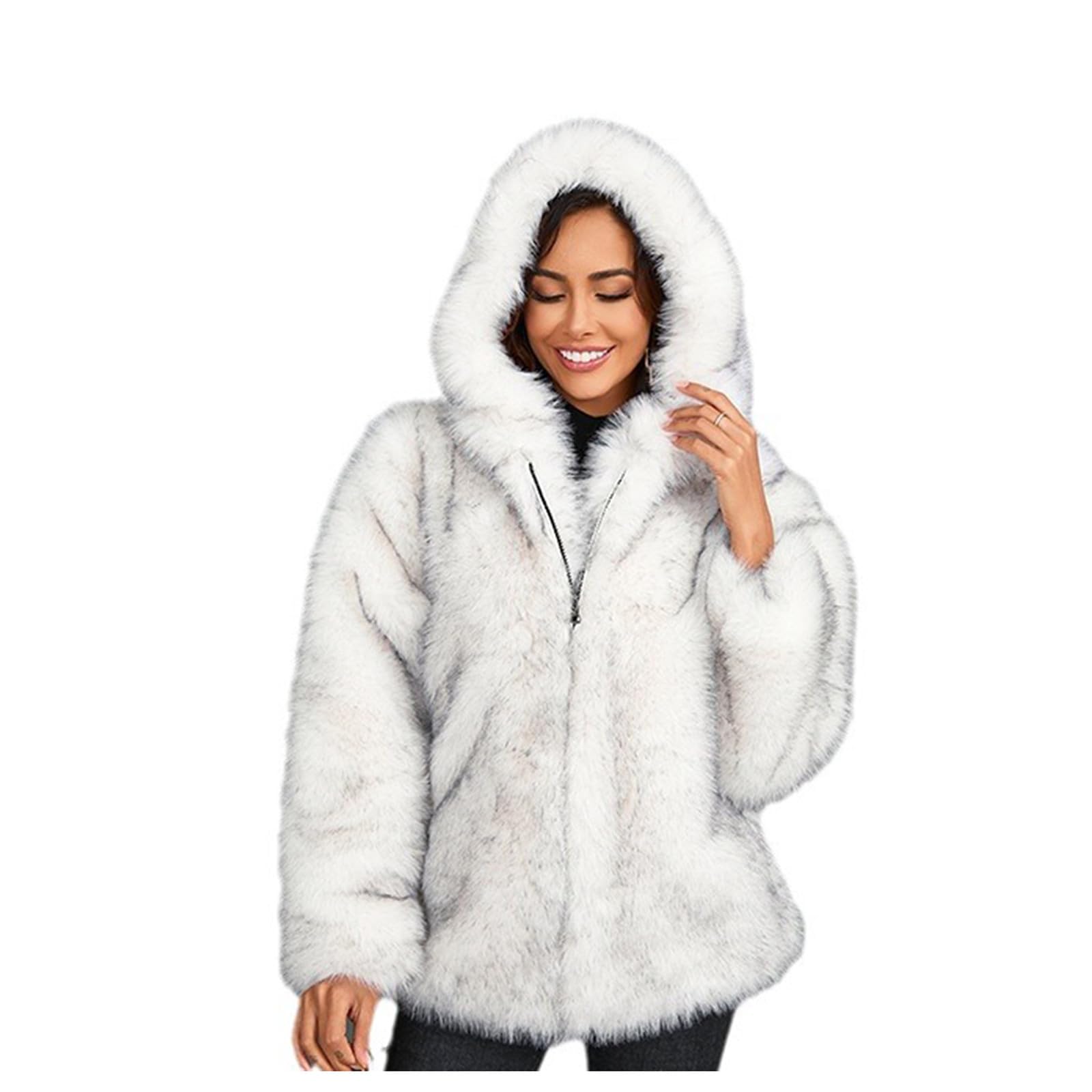 HAOLEI Chaqueta de Piel Sintética Reversible para Mujer con Capucha Grueso Cálido Abrigo Forro Polar de Invierno Moda Abrigos Mullido de Manga Larga con Cremallera Elegante Lujo Faux Fur Jacket