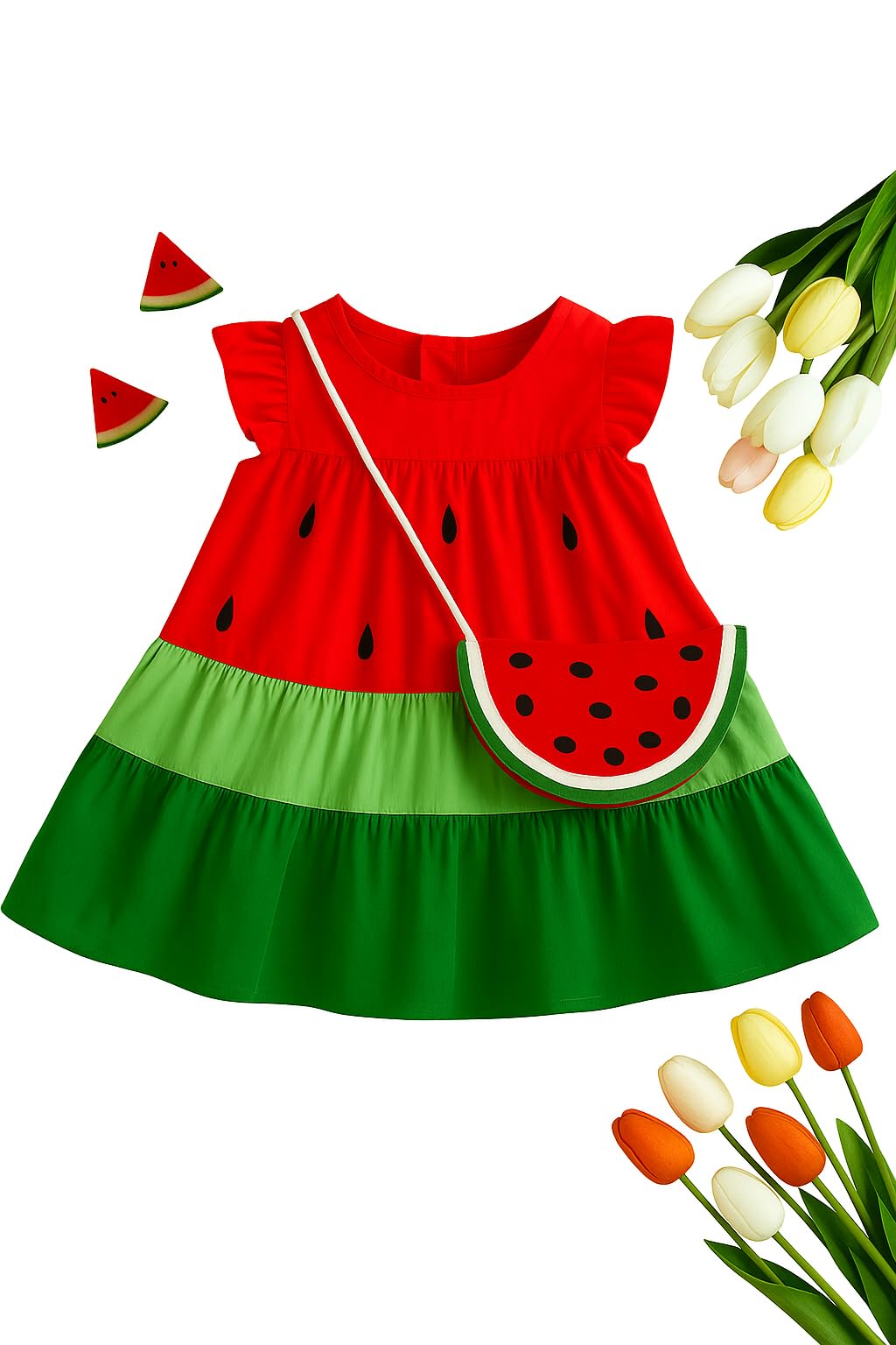 Girls Watermelon Summer Dress with Flutter Sleeves, Red and Green Cotton Casual Frock with Matching Purse, Kids-image-34