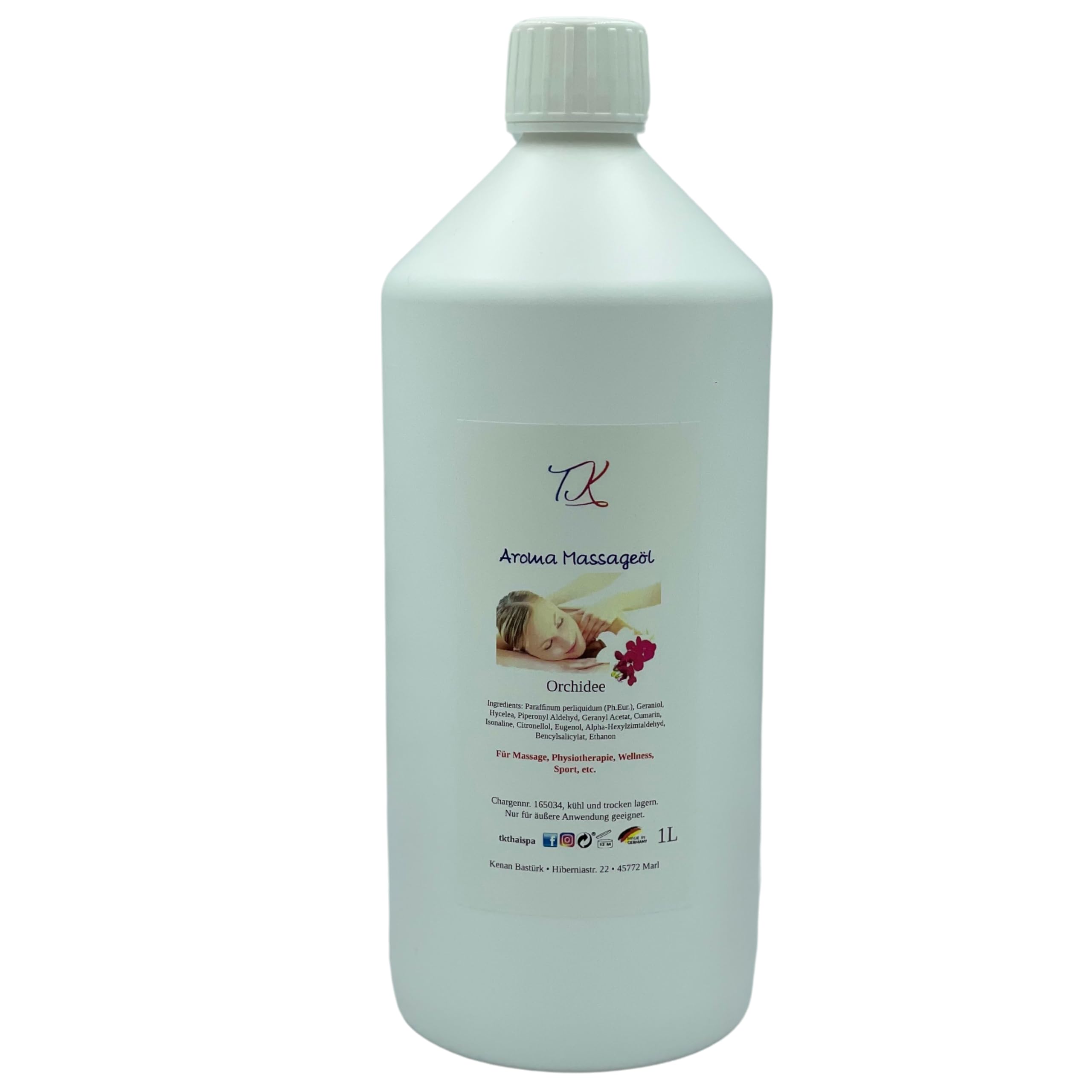Lot de 11 huiles de massage aromatiques (2 x 500 ml) pour massage, physiothérapie, bien-être, sport, etc. de qualité pharmaceutique (1000 ml, orange et orchidée)