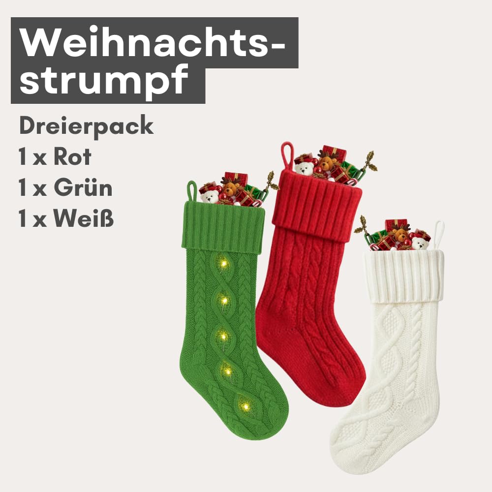 Strong Magnets Handgestrickter Nikolausstrumpf – 50 cm – Rot, Weiß und Grün – Hochwertiger Weihnachtsstrumpf – Traditionelles Design + Gratis Pinboard Magnet