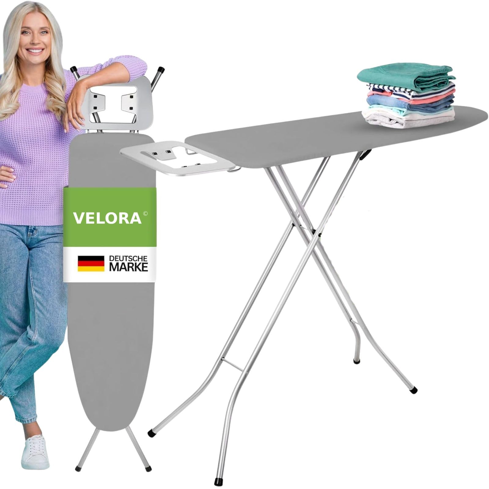 VELORA ® Bügelbrett [105x30 Bügelfäche] mit rutschfesten Füßen – robuster Bügeltisch – extra stabiles Bügelbrett [Made IN EU] höhenverstellbar (grau)