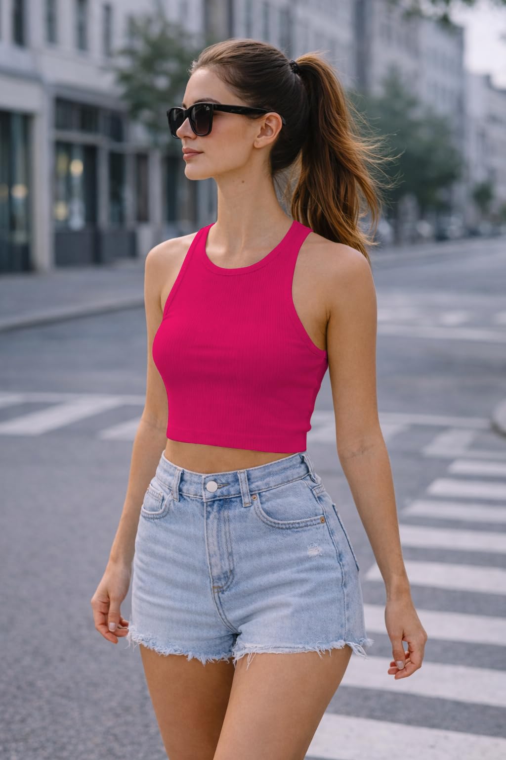 Toochki Top da donna, canottiera da donna, canottiera, abbigliamento sportivo, casual, scollo rotondo, in cotone