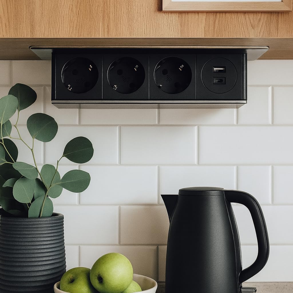 Ciabatta elettrica da incasso a 3 scomparti, in alluminio, ingressi USB-A e USB-C, con ammortizzazione