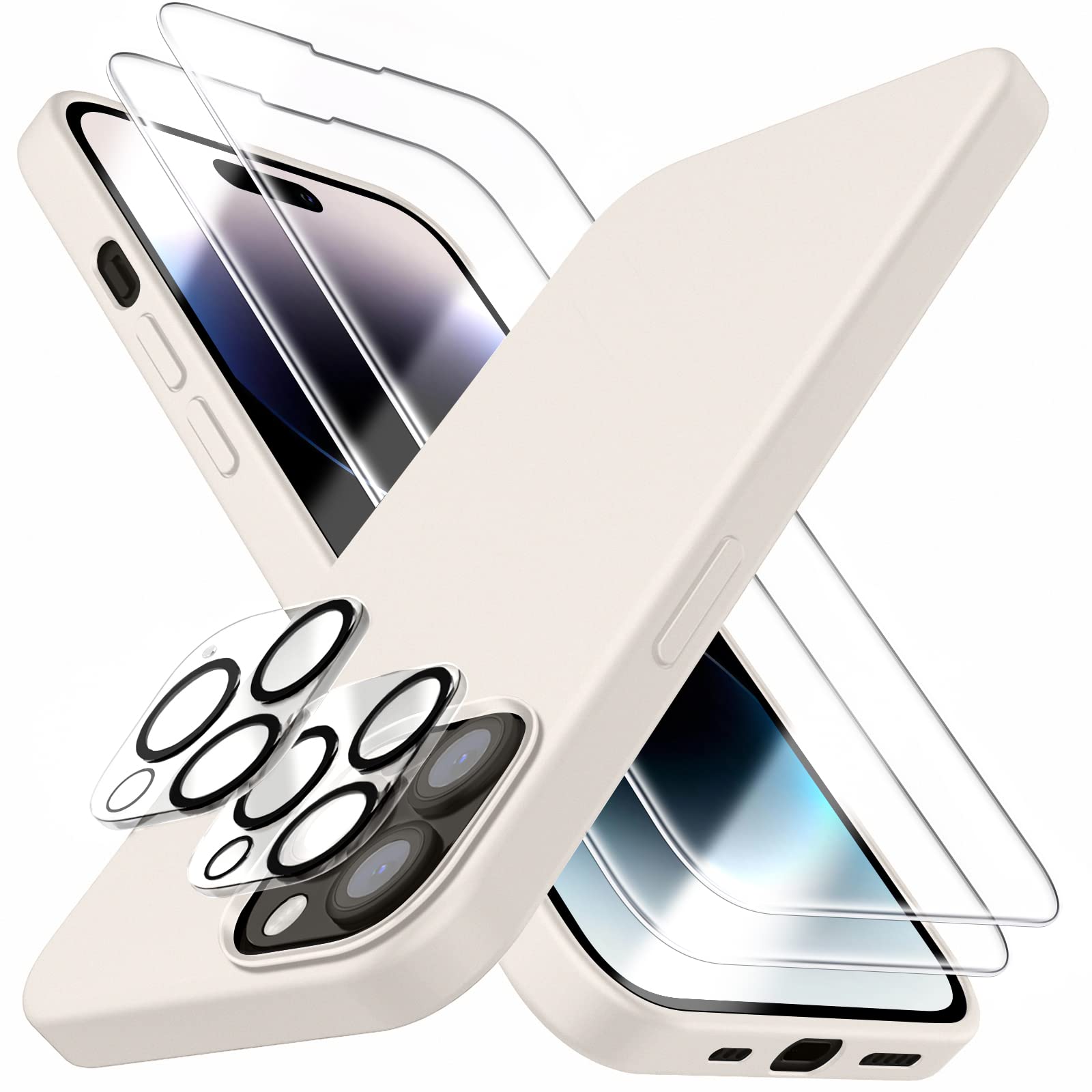 JTWIE [5 in 1 for iPhone 14 Pro Case 6.1 inch, with 2 Pack Screen Protector + 2 Pack Camera Lens Protector, Liquid Silicone Slim Shockproof Protective Phone Case (Stone)