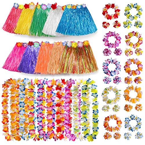 50 Pièces Jupe Hawaienne en Paille Paquet avec 10 Jupe Hawaienne,10 Hawai Leis,10 Bandeaux et 20 Bracelets, Tenu Hawaienne Danseuse pour Filles Femmes Hawaii...