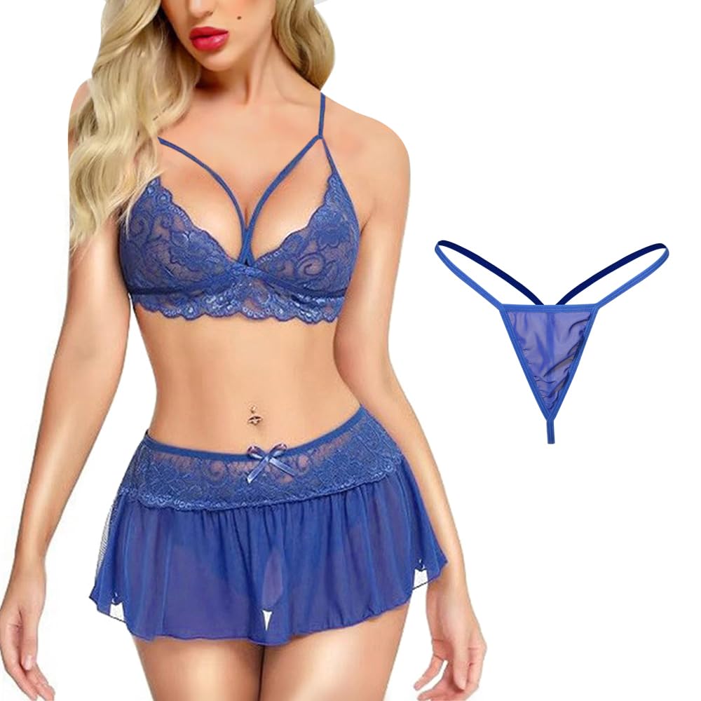 Satohom Sexy tweedelig transparant damesondergoed set push-up beha met beugel en string-tanga van gebreid pak bruid lingerie babydoll teddy bloemen borduurwerk nachtkleding, Zwart, L