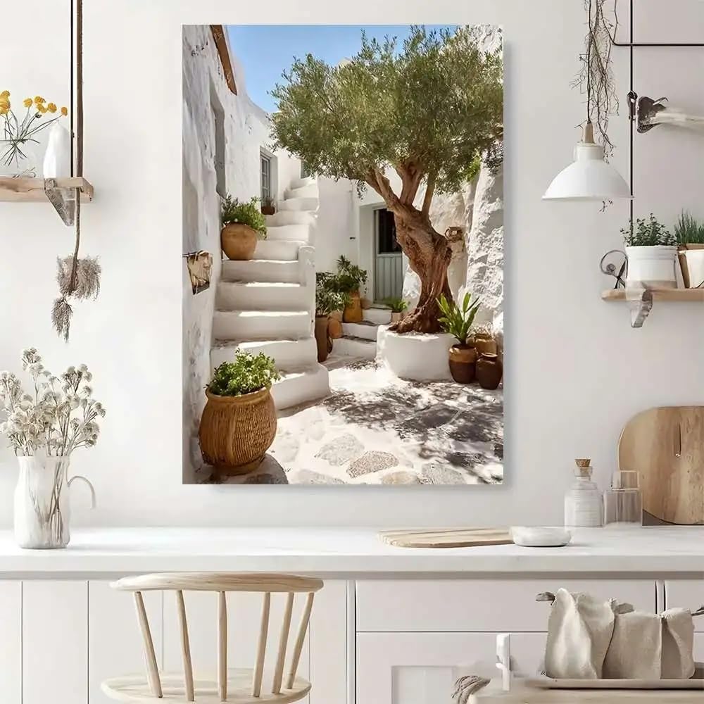 GOSRD Canvas Art Depicting a Sunlit Mediterranean Courtyard with an Olive Tree for Decorating Walls in for Homes Decoration(35x50cm)