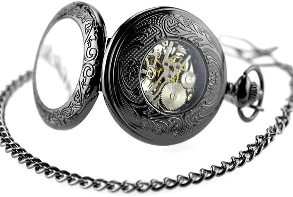 LIIAV Orologi da Taschino scheletrati con quadrante Numeri Romani Meccanici con Scatola e Catene for Uomo Donna