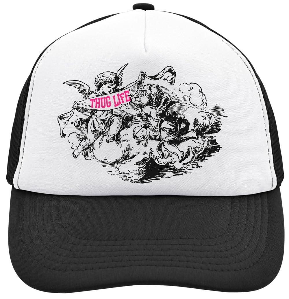 Functon+Angel Gathering Holding A Thug Life Poster Mesh Back Trucker Cap Adjustable Snapback Hat Casu White, Black, osz