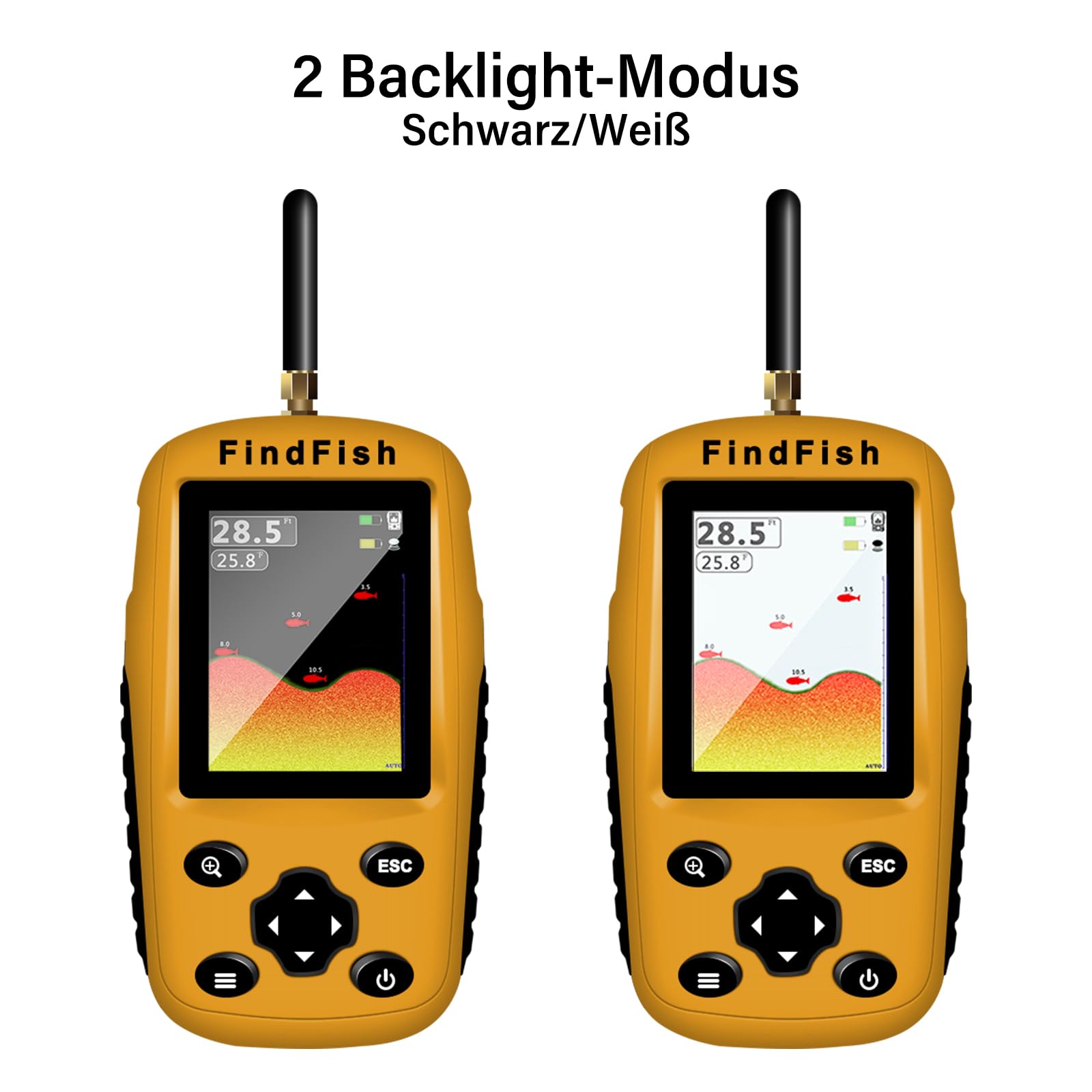 Fischfinder Wireless Fish Finder für Boote, Angeln im Kajak Echolot mit Tiefenmesser, Fischgröße, Wassertemperatur, Bodenkontur, LCD Bildschirm Schwarz/Weiß Modell