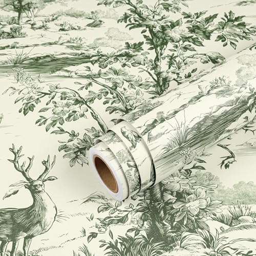 Image of Wallpaper Peel and Stick Vintage Flowers Pattern Design Textured Toile Wallpaper, Green and Cream, Pastoral Landscape with Birds and Deer, Traditional Style Shelf Vinyl PVC 16.5&87inch