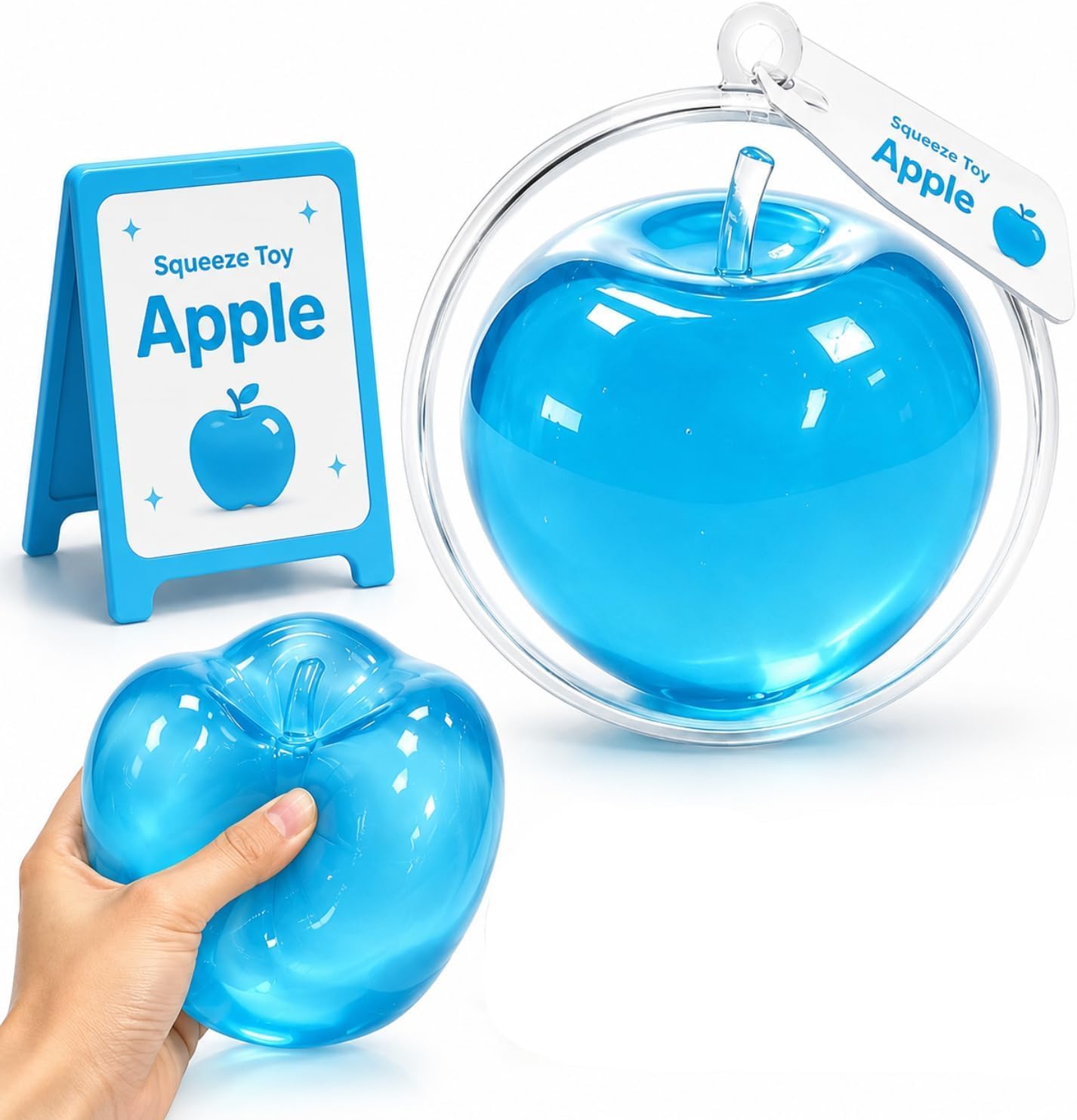 Coconut Oil Apple Squishy, 3.15in Clear Cute Apple Stress Balls, Zero Bounce Back Realistic Sensory Squeeze for Anxiety Management Party Favors (Big Apple-blue)