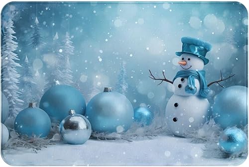 Tapete de bienvenida con diseño de muñeco de nieve azul, bonito tapete de cocina suave para exteriores, campanilla de árbol de Navidad, lavable,