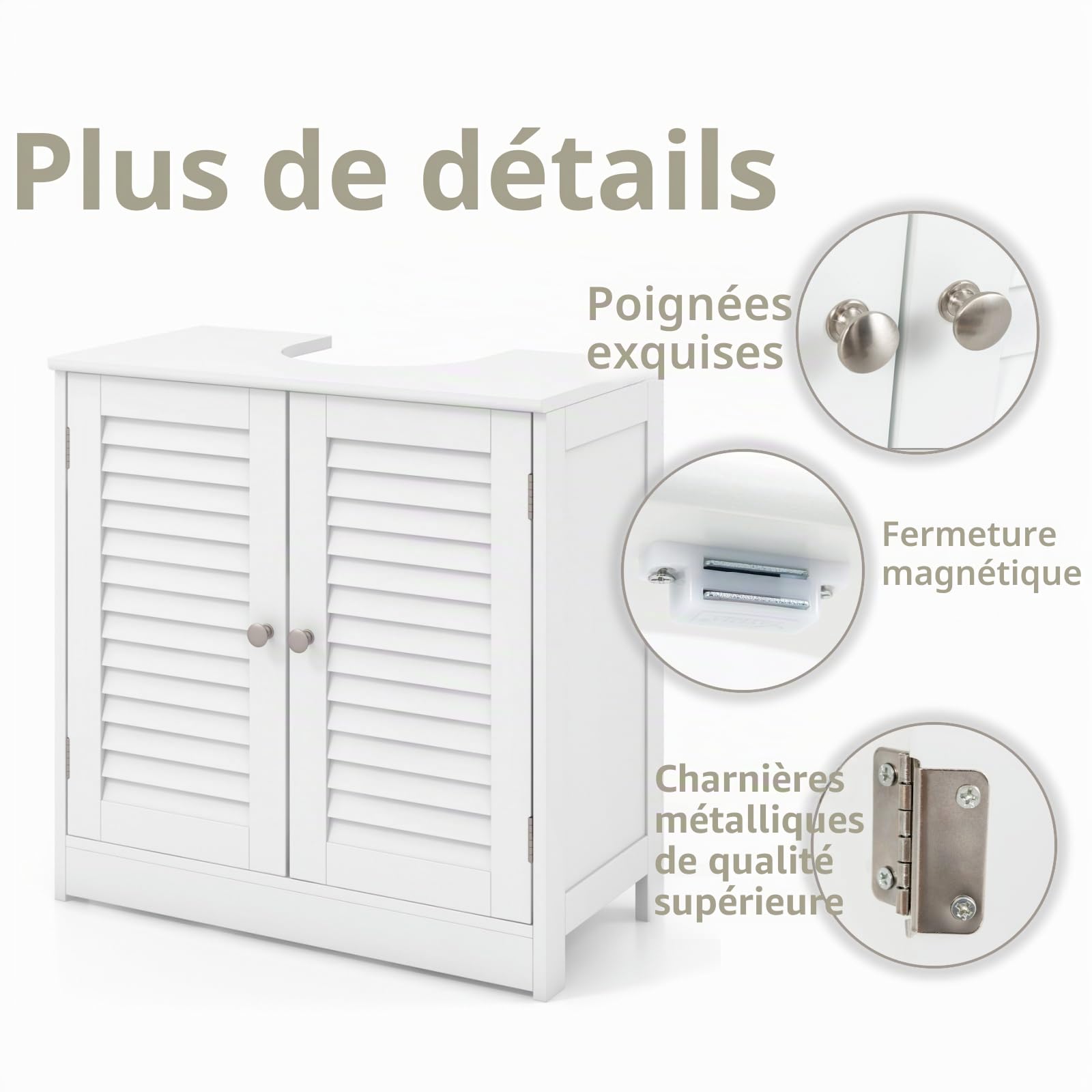 LIFEZEAL Meuble sous Lavabo avec Coupe en U et 2 Portes à Lamelles