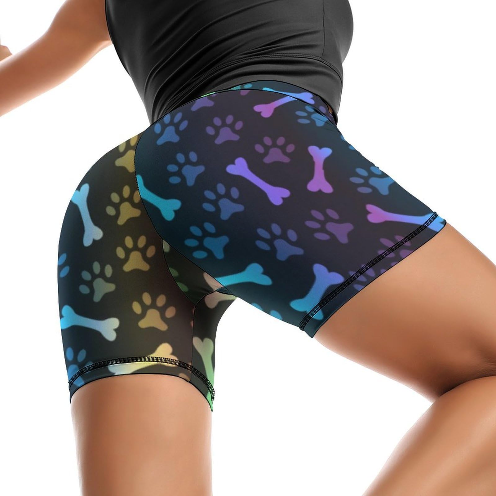 Rainbow Paw Footprint Animal Pattern High Waist Yoga Shorts for Women Athletic Shorts Leggings Running Pants