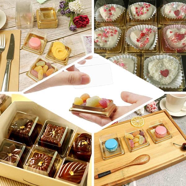 Miniatura 5 de TABLECLOTHSFACTORY - Paquete de 50 recipientes de plástico para cupcakes de 3 pulgadas, color doradotransparente de 3 pulgadas, cajas cuadradas para