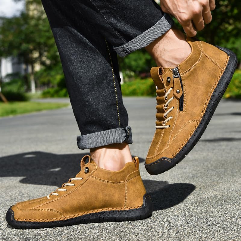 Men's Casual Leather Handmade Slip-On Driving Boots with Side Zipper, Men's Lightweight Loafers Comfortable Flat Non-Slip Driving Shoes, Outdoor Mid Top Leather Ankle Boots4