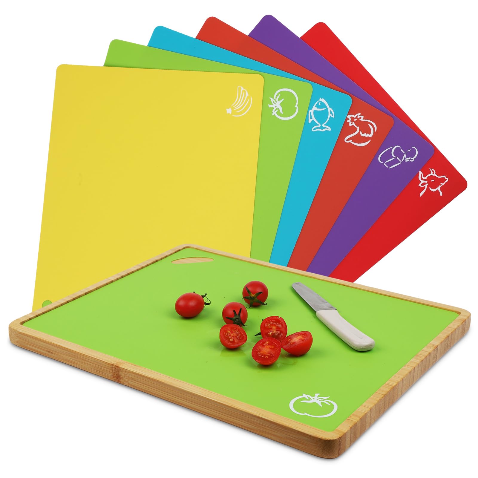 Bamboo Cutting Board set with 6 Pieces Flexible BPA free Plastic Colored Cutting mats for Meat and Vegetables, Durable 2-in-1 Serving Tray and Cutting