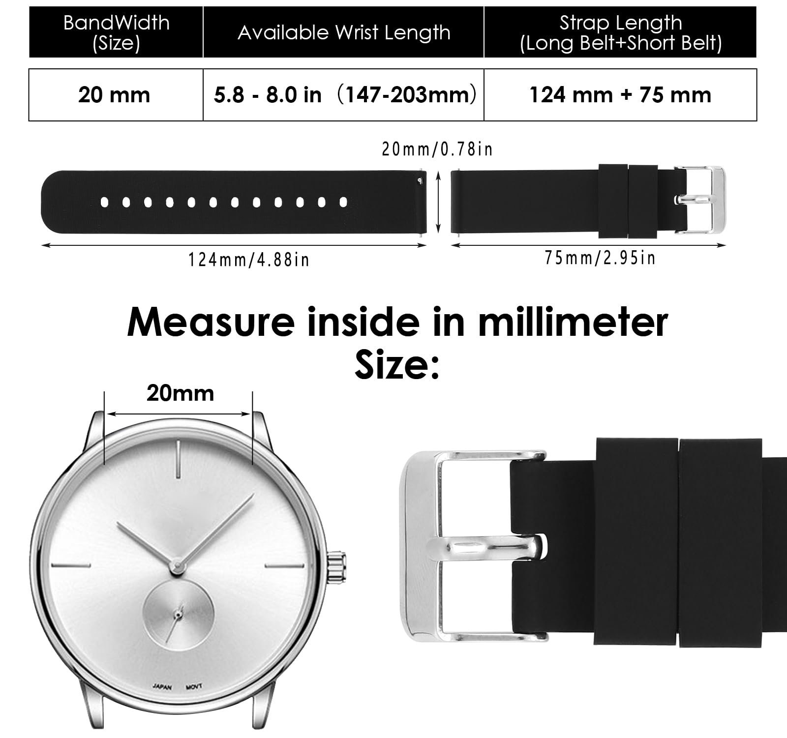 AOZUO 20mm Silicone Watch Band, Waterproof Soft Replacement Straps with Quick Release Watch Straps with Black or Silver Stainless Steel Buckle for Smart Watch Sport Watch Men Women
