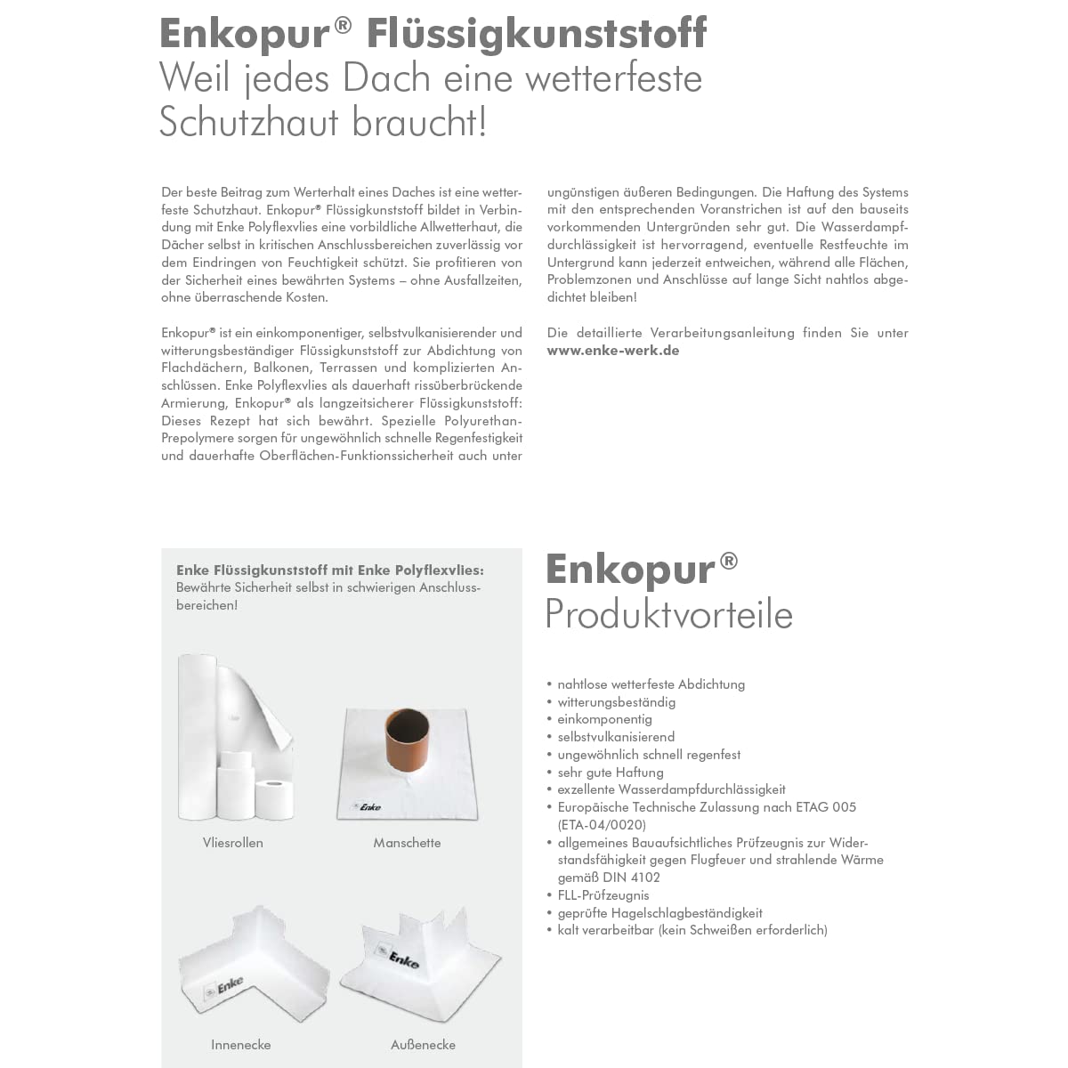 Enkopur 11619SG Enke Flüssigharz 4kg Silbergrau Dauerhafter Schutz vor Feuchtigkeit auf Dächern. Dachflächen, Balkone, Terrassen, Anschlüsse und Durchdringungen