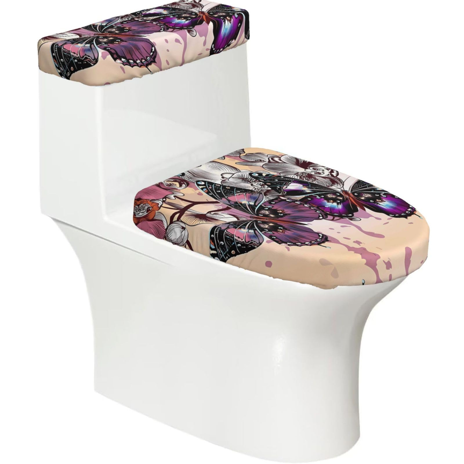Mrowyc Black Colorful Butterflies On Flowers Printed Toilet Seat Set - Set Of 2 - Universal Toilet Seat Cover - Housewarming Birthday Christmas Gift