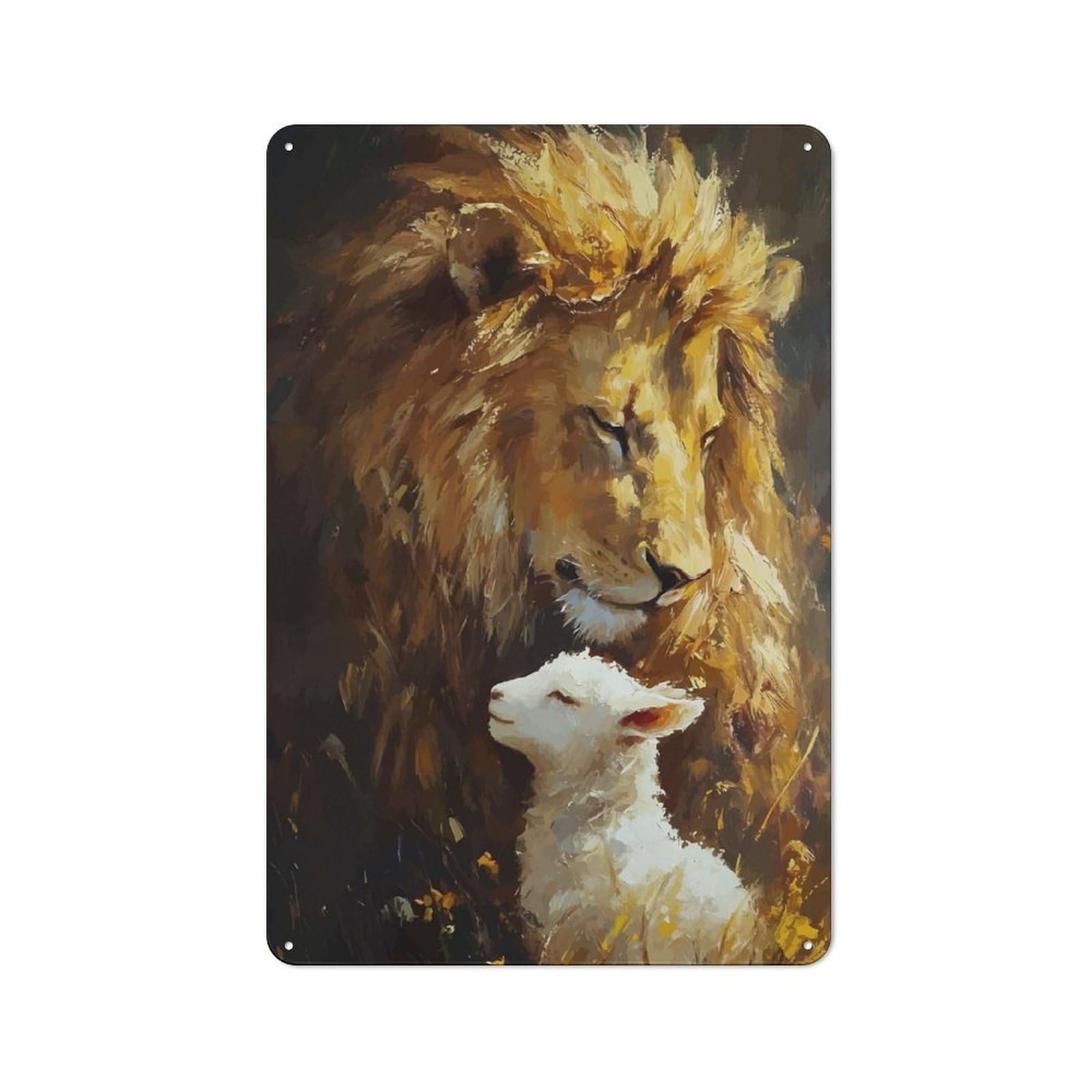 Junmoney Style-20 Tin Wall Plaque 30X20cm With Lion And Lamb Painting For Hallway Wall, A Decorative Metal Sign For Hallways And Entrance Areas