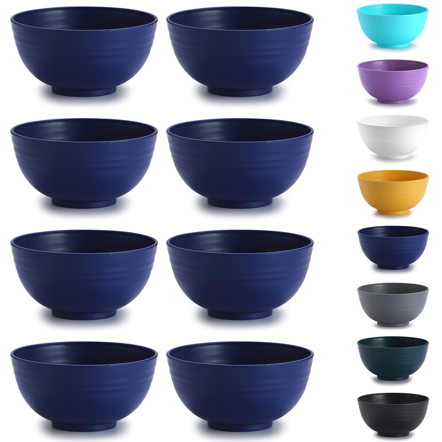 Kyraton Plastic Cereal Bowls 8 Pieces, Unbreakable and Reusable Light Weight Bowl for Rice Noodle Soup Snack Salad Fruit, Dishwasher Safe