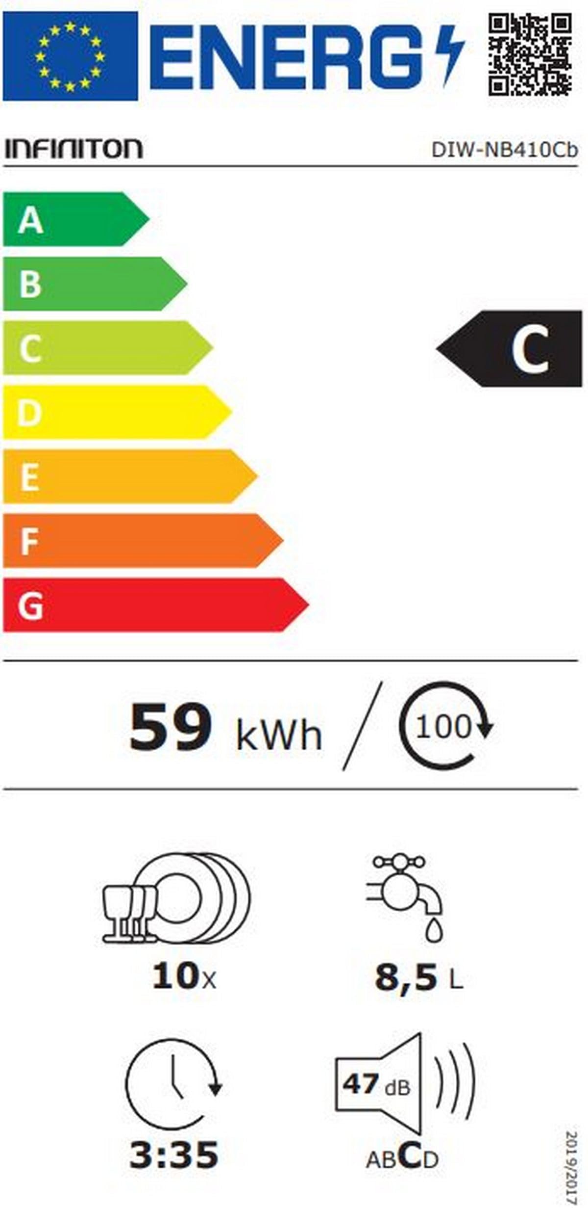 Lavavajillas Integración Infiniton DIW-NB410Cb, Ancho 45 cm, 10 Servicios, 7 programas, C, Tercera Bandeja, Sistema Antihuella