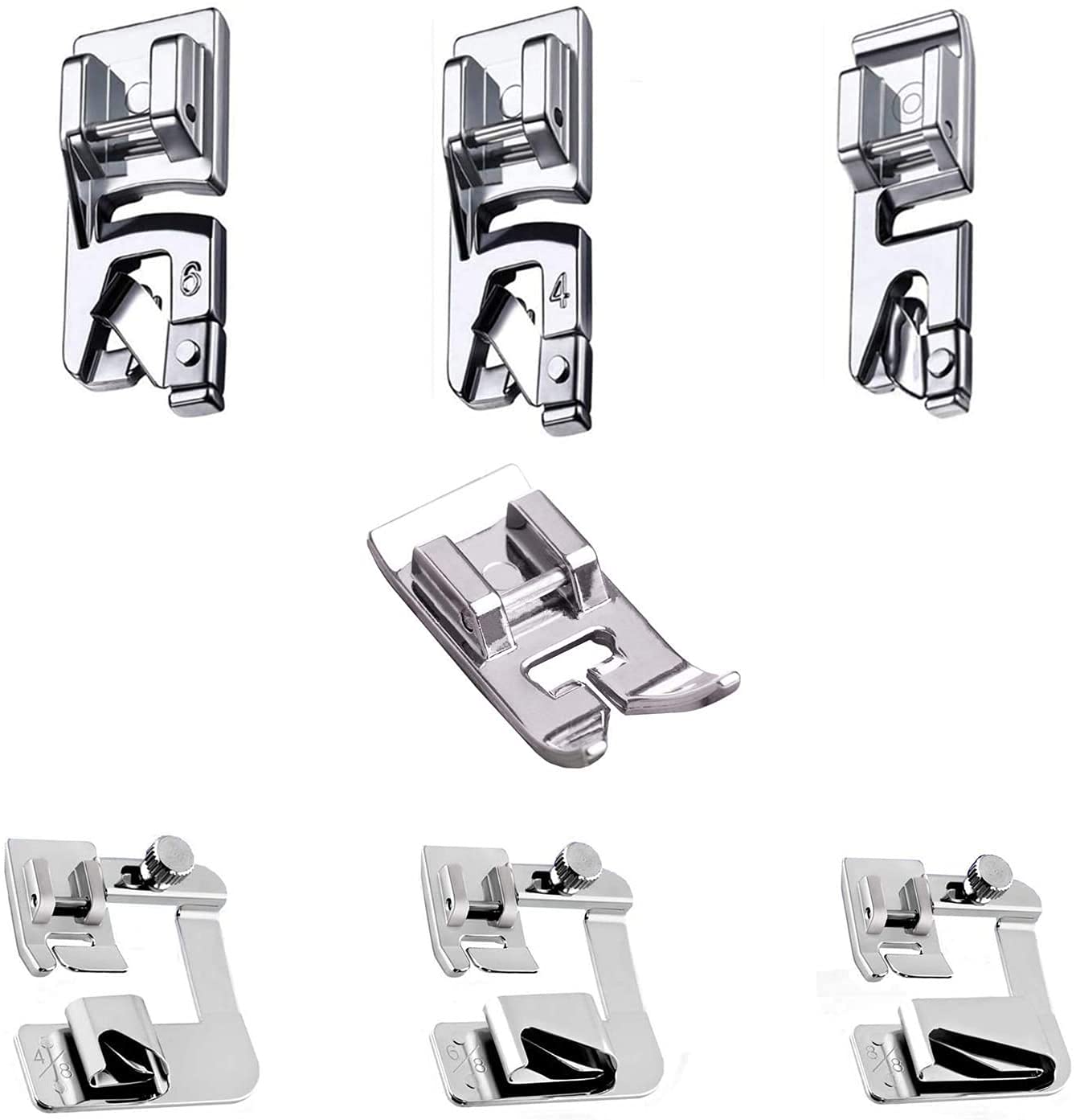 Metal 7Pcs Presser Foot Kit Including 6Pcs Rolled Hemmer Foot Presser Foot And 1Pcs Zig Zag, Straight Stitch Foot Snap On Foot Presser Foot 7301 For Singer, Brother, Janome Low Shank Sewing Machines