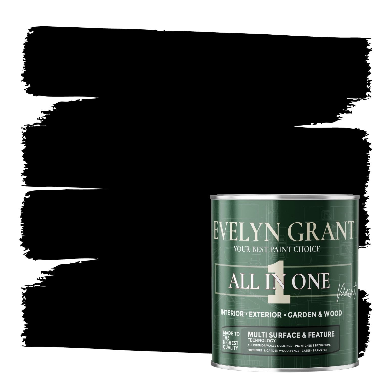 Evelyn Grant All-IN-ONE Paint & Primer - Multi-Surface Paint For Interior Walls, Outdoor Garden & Exterior Walls, Wood Furniture | High Durability Multi-Feature - Midnight Black - 1L - Satin — image 1