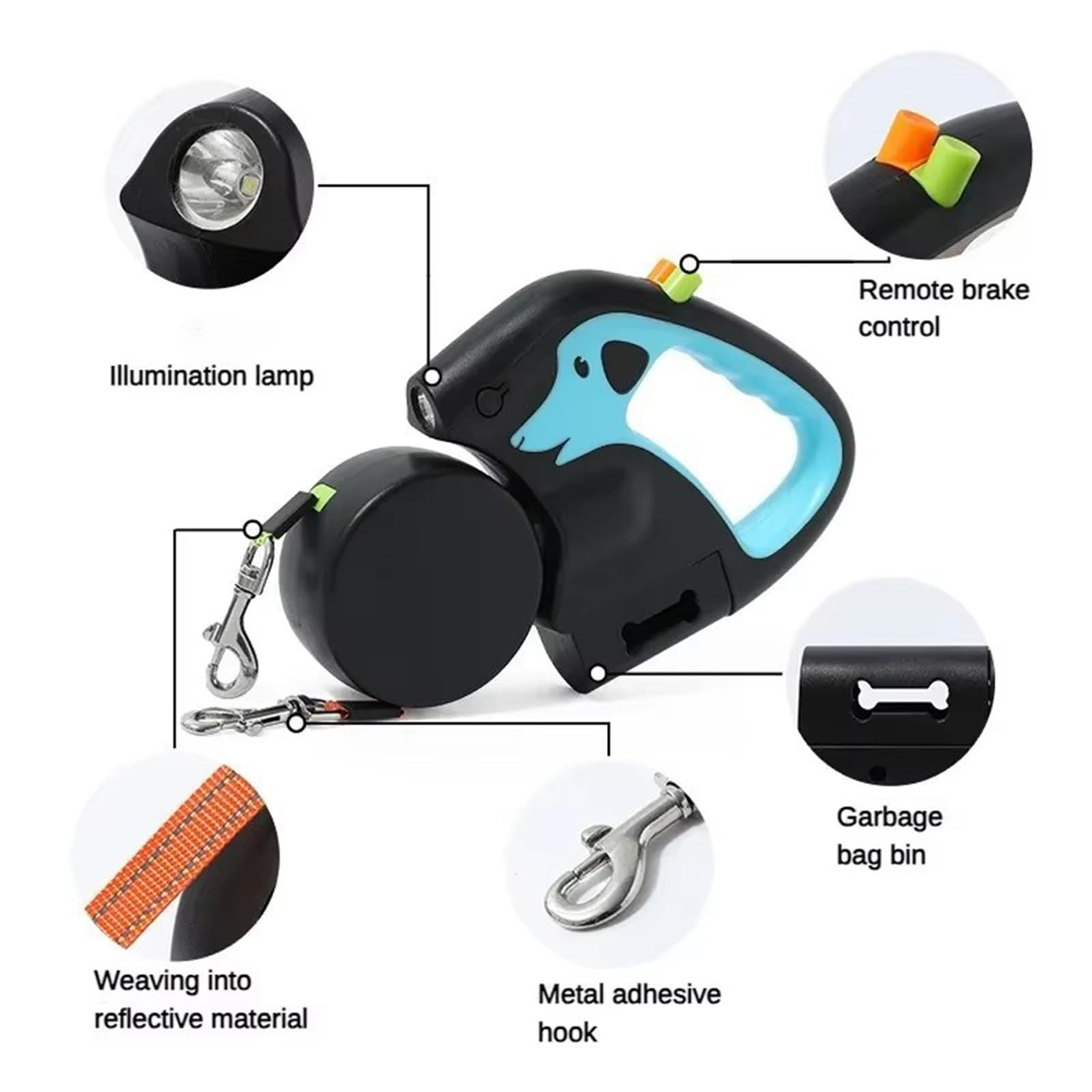 Correa para perro para entrenamiento de obediencia, mango doble de 10 pies de largo con luz LED y dispensador de bolsas para excrementos para control sin enredos